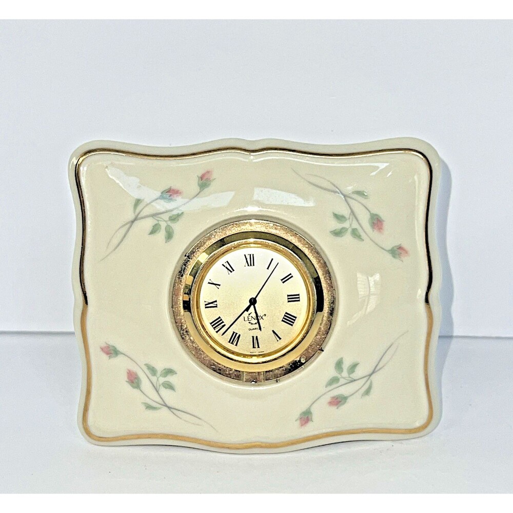 Lenox Porcelain Rose Manor Ivory Pink Floral 3" Desk Shelf Clock Gold Trim